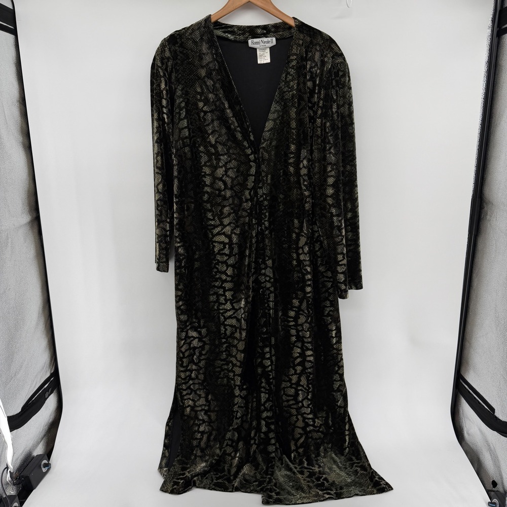 Ronni Nicole Metallic Snakeskin Velvet Maxi Dress Button Front Duster Sz 18 VTG